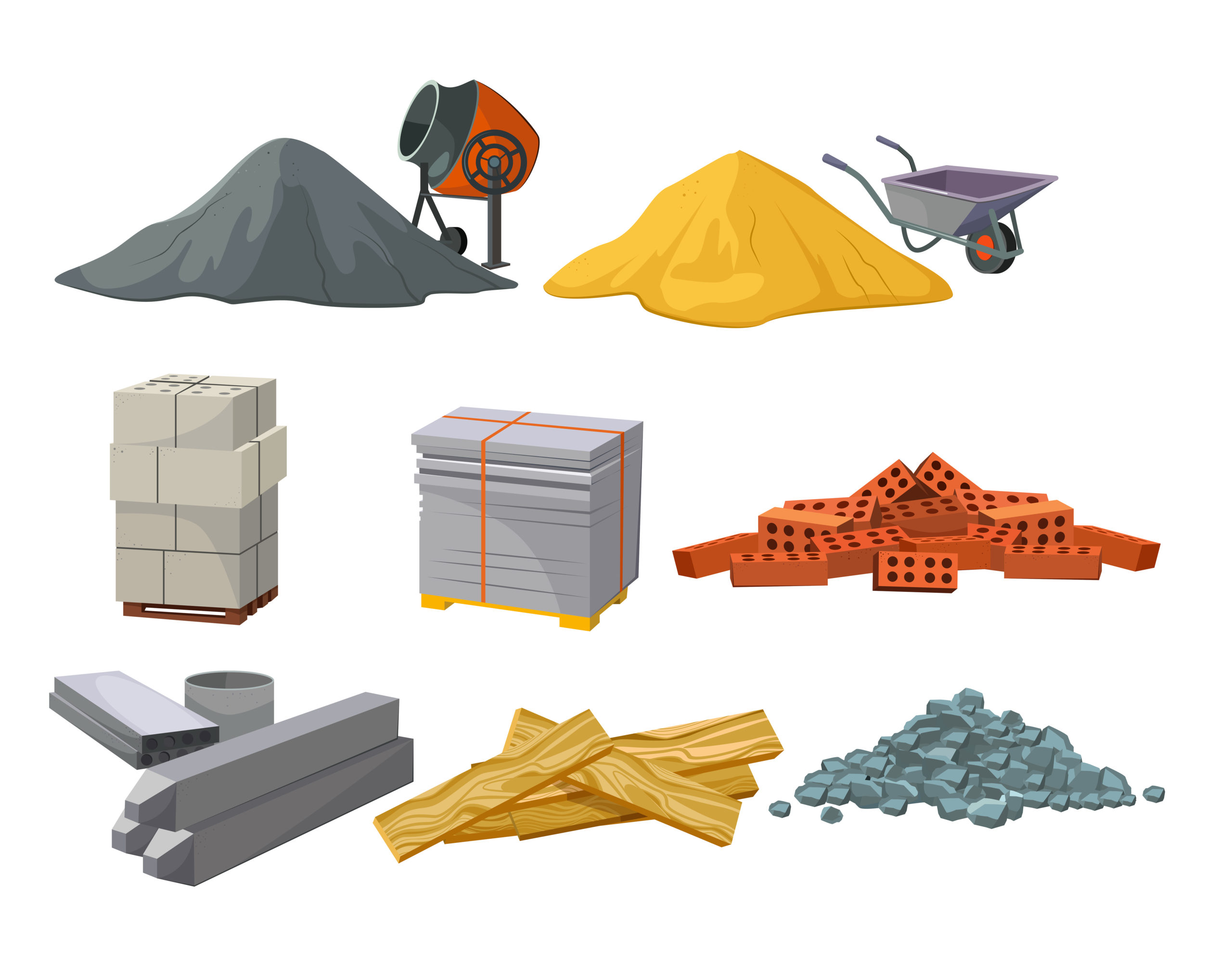 Building material heaps set. Bricks, sand, wooden planks, concrete mixer. Construction concept. Vector illustrations can be used for construction sites, works, industry